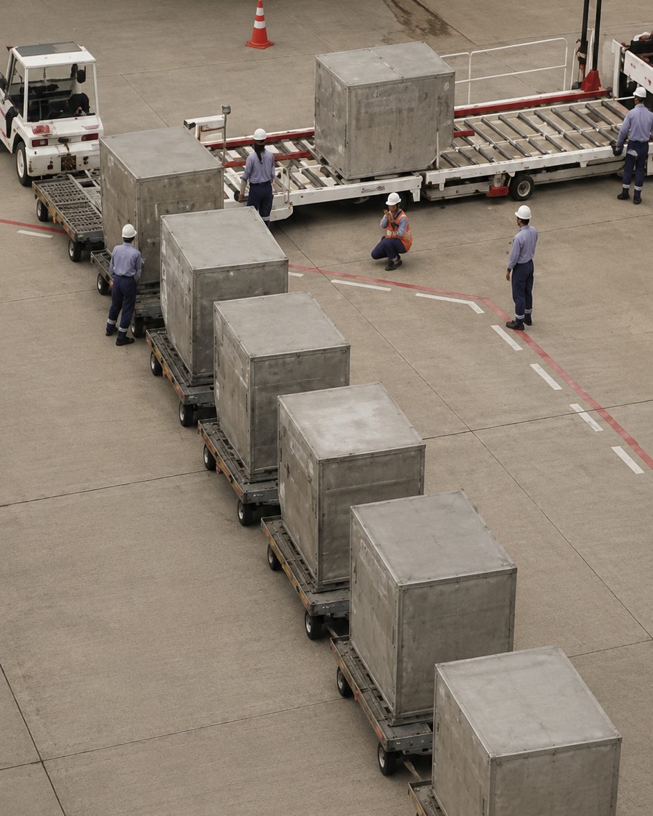 Ground crew moving cargo containers on dollies