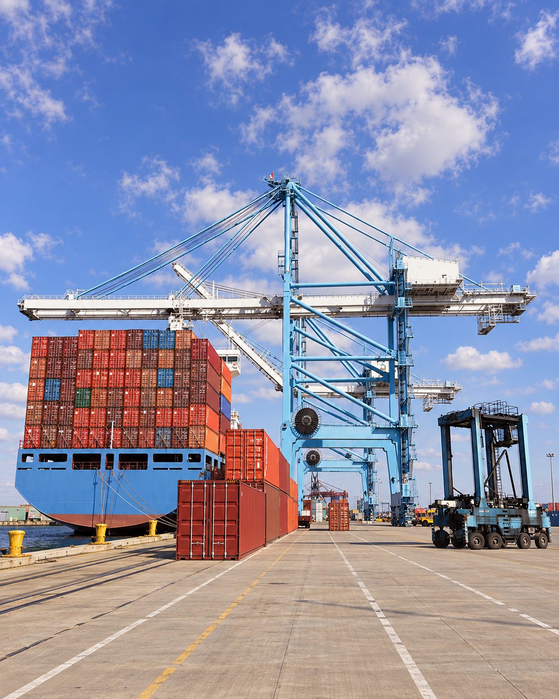 Ship-to-shore cranes working a container ship